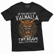 Men's Halls of Valhalla Viking T-shirt Skull Helmet Norse Mythology Nordic Tee (3X-Large Black)