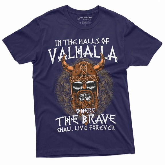 Men's Halls of Valhalla Viking T-shirt Skull Helmet Norse Mythology Nordic Tee (3X-Large Navy Blue)