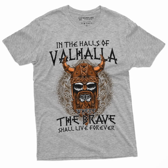 Men's Halls of Valhalla Viking T-shirt Skull Helmet Norse Mythology Nordic Tee (Small Grey)