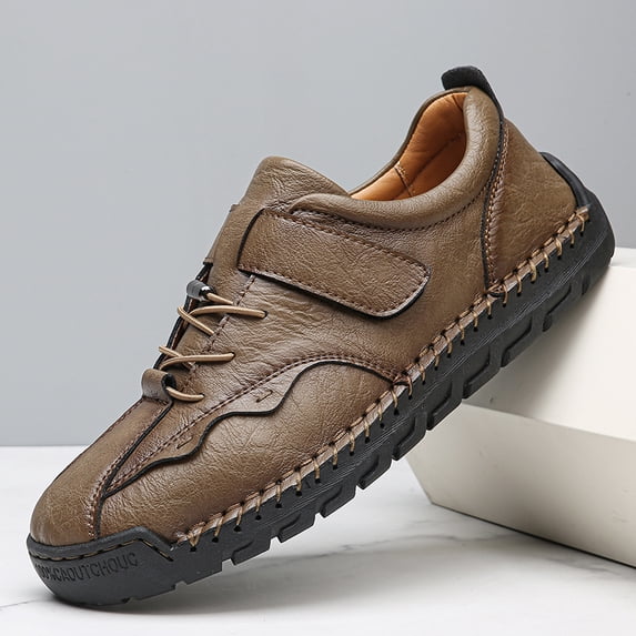 Men's Hand-Stitched Leather Casual Shoes with Adjustable Velcro, Comfort Non-Slip Daily Walking Sneakers