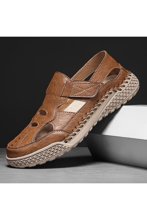 Men's Hand-Stitched Leather Closed-Toe Sandals, Breathable Casual Outdoor Shoes