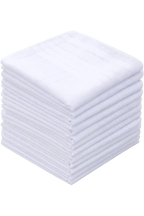 12 Pcs Men's Handkerchiefs 100% Cotton Solid White with Stripe Large Classic Hankies Bulk Set 16in