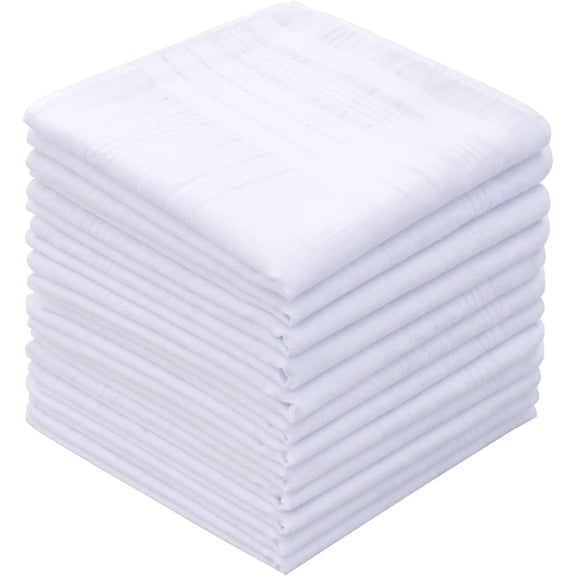 12 Pcs Men's Handkerchiefs 100% Cotton Solid White with Stripe Large Classic Hankies Bulk Set 16in
