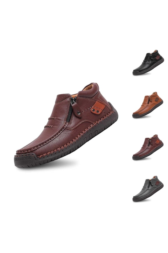 Men's Handmade Leather Driving Boots, Arch Support, Leather On Outdoor Casual Shoes, Waterproof Breathable Comfortable Walking Shoes For Daily Wear With Side Zipper Design