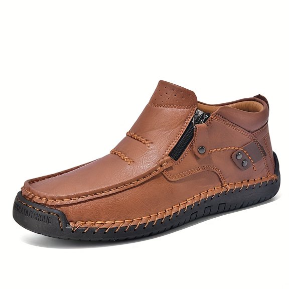 Men's Handmade Leather Mid-Top Casual Boots – Breathable Side-Zip Comfort Shoes, Soft Non-Slip Outdoor Footwear for Autumn & Winter