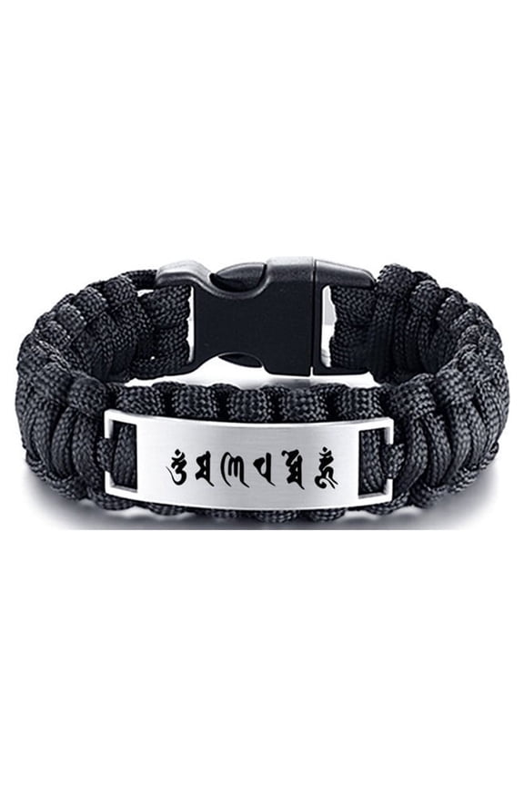 Men's Handmade Tibetan Buddhist Prayer Braided Paracord Cuff Bangle Blessing Om Mani Padme Hum Sanskrit Bracelets Powerful Mantra Prayers Jewelry for Man, 9 inches, Black