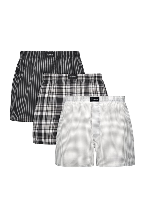 Originals Ultimate Men's Cotton Stretch Woven Boxer Underwear, Plaids/Prints, 3-Pack Small Grey White Checkers XL