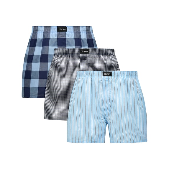 Hanes Originals Ultimate Men's Cotton Stretch Woven Boxer Underwear, Blue Plaids/Prints, 3-Pack Stripe M