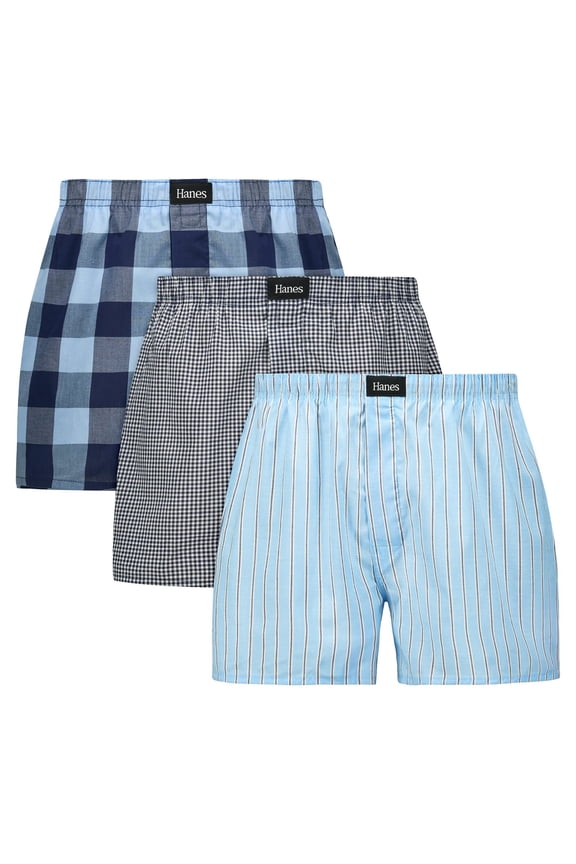 Originals Ultimate Men's Cotton Stretch Woven Boxer Underwear, Blue Plaids/Prints, 3-Pack Stripe M
