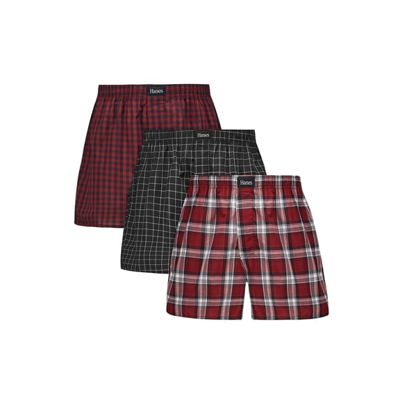 Hanes Originals Ultimate Men's Cotton Stretch Woven Boxer Underwear, Red/Black Plaids, 3-Pack Small Black Red Checkers 2XL