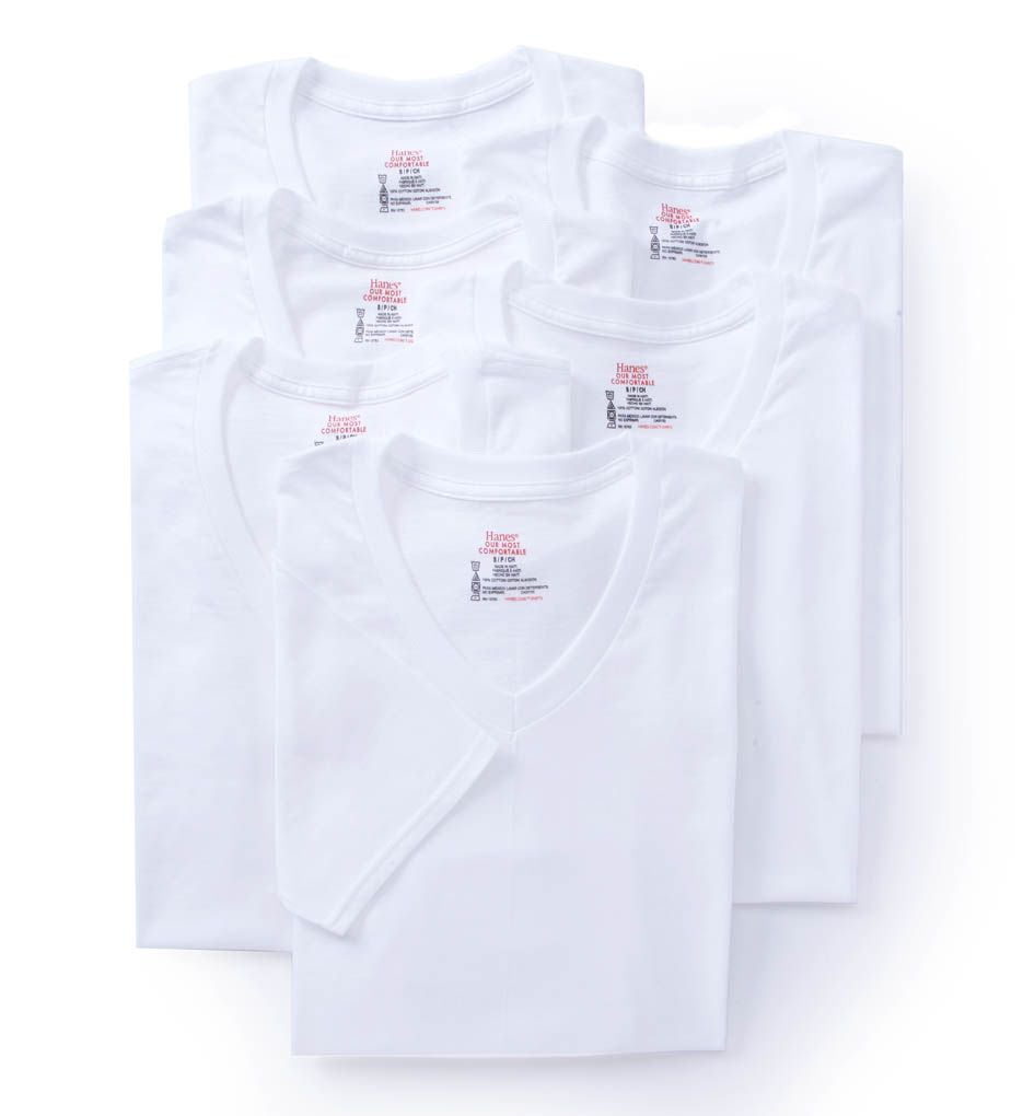 Men's Hanes 7880W6 Premium Cotton White V-Neck T-Shirts - 6 Pack (White ...