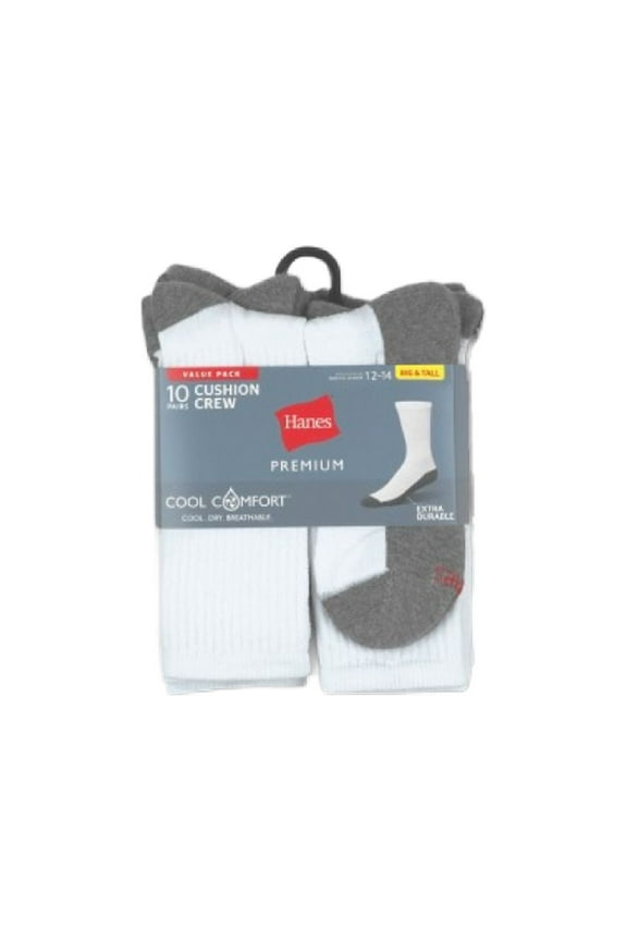 Men's Hanes Premium 10Pk Extended Size White Crew Socks, Size: 12-14 Big and Tall