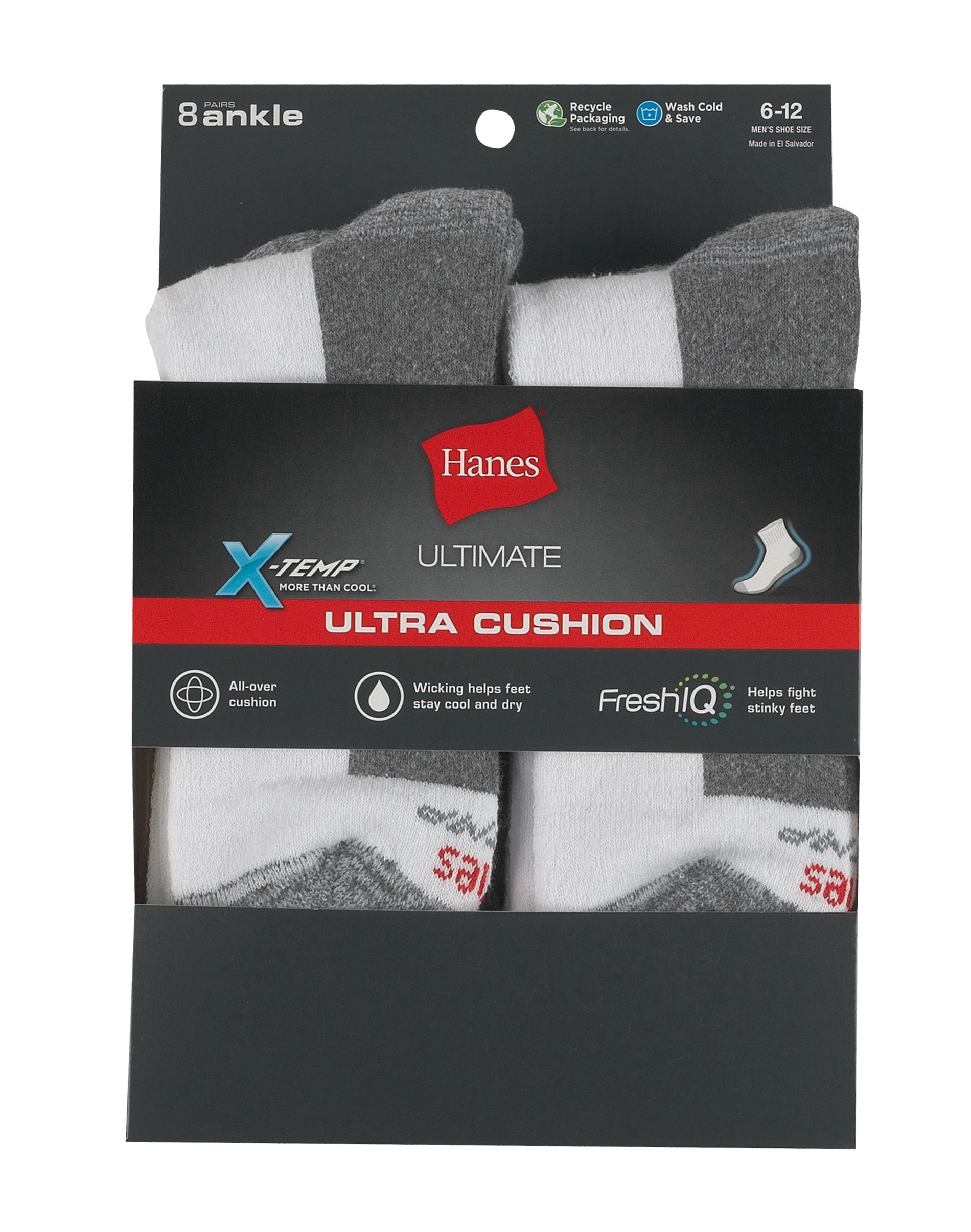 Men's Hanes Ultimate® 8-Pack X-Temp Ultra Cushion Ankle Socks Color: White Size: 6-12