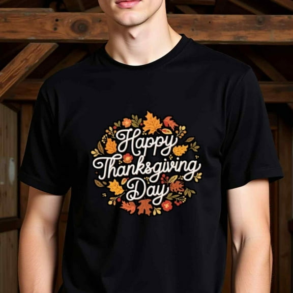 Men's Happy Thanksgiving T-Shirt - Black Crew Neck Short Sleeve Shirt with Autumn Leaves Design in Orange, Brown, Yellow - Heavyweight 180gsm Cotton Tee for Fall, Christmas, Valentine's - All-Season