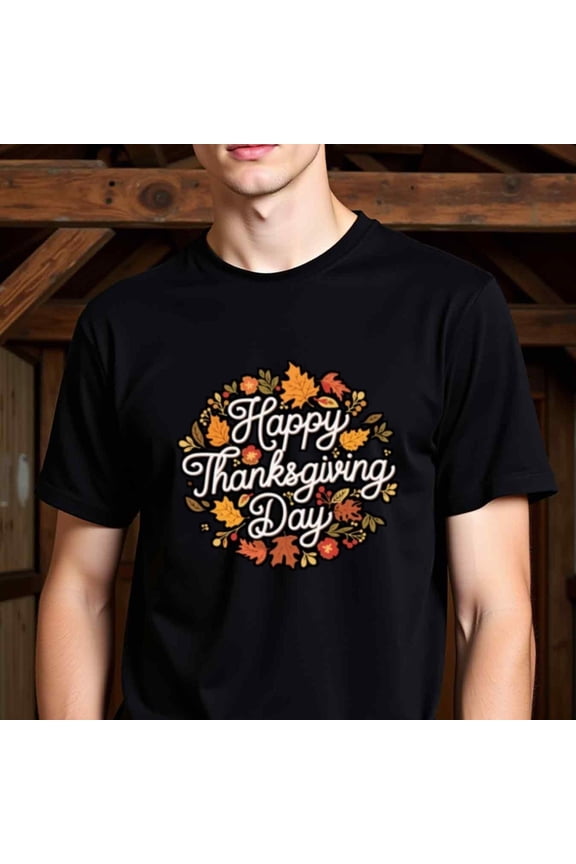 Men's Happy Thanksgiving T-Shirt - Black Crew Neck Short Sleeve Shirt with Autumn Leaves Design in Orange, Brown, Yellow - Heavyweight 180gsm Cotton Tee for Fall, Christmas, Valentine's - All-Season