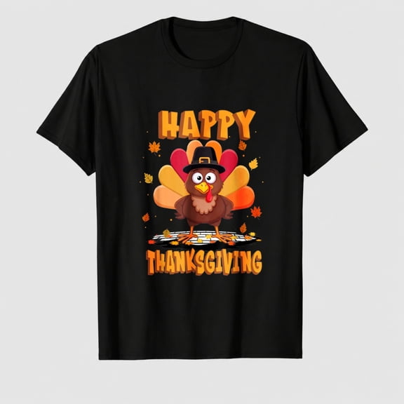 Men's Happy Thanksgiving Turkey Graphic T-Shirt, Autumn Leaves Short Sleeve Shirt