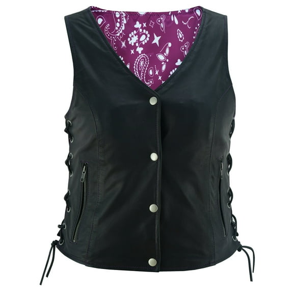 Daniel Smart Black Women Leather Vest Goat Skin Leather Vest with Unique Purple Paisley Lining