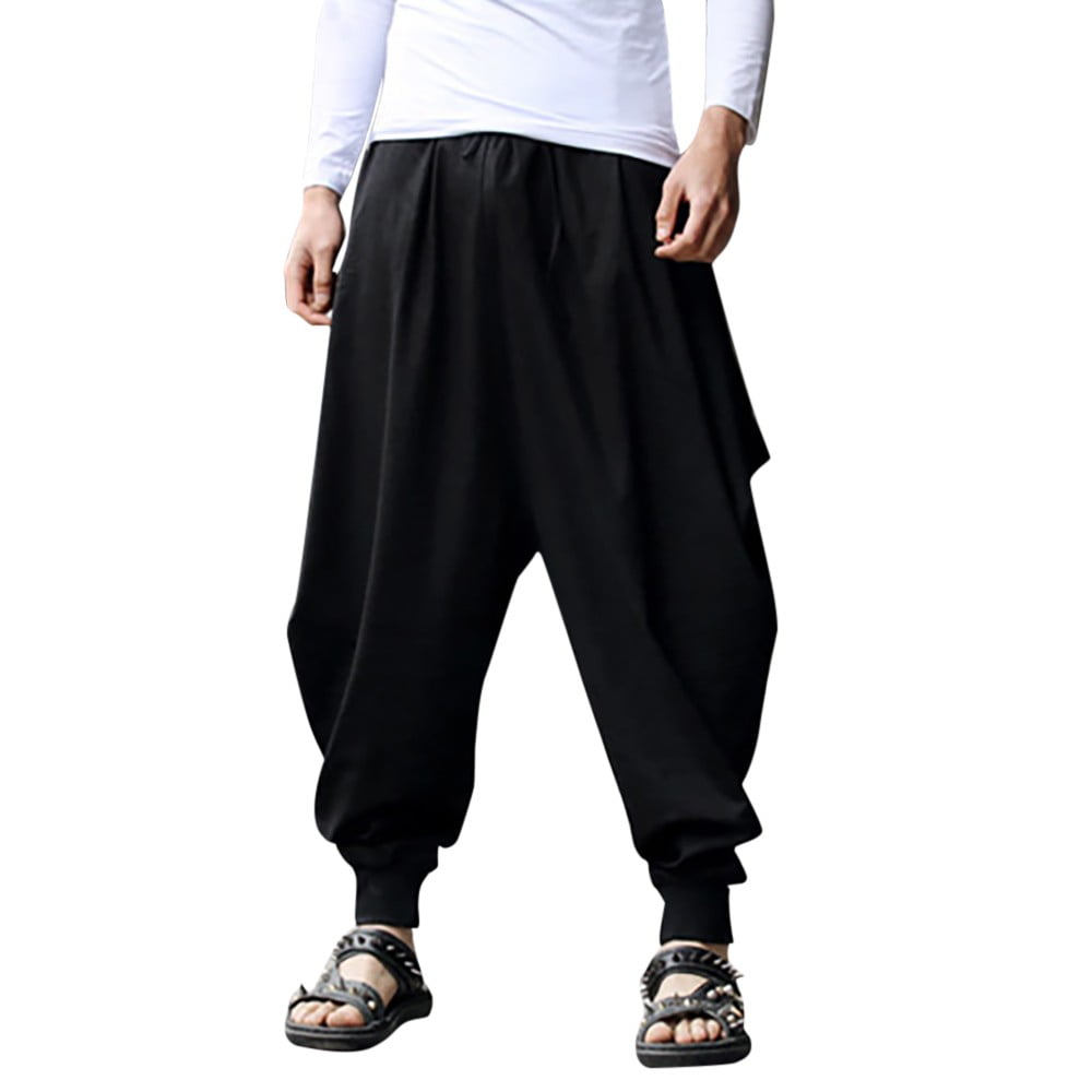 Men s Harem Pants Cotton Linen Festival Baggy Solid Trousers Retro Gypsy Pants M