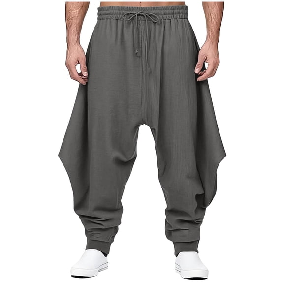 Men's Harem Pants - Loose Stretchy Waist Drawstring Lightweight Casual Hippie Cinch Bottom Baggy Trousers with Pockets Gray