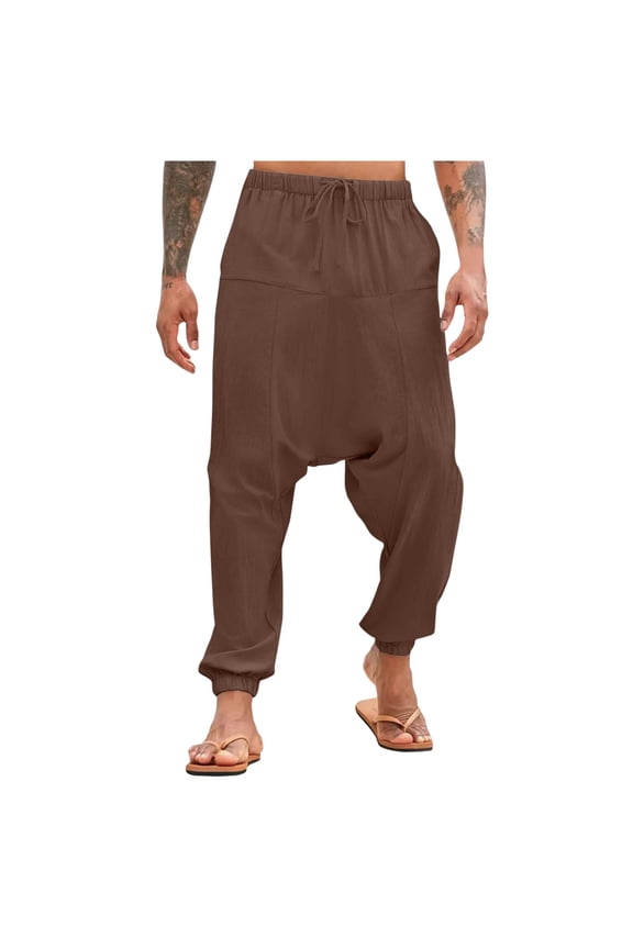 Men's Harem Pants Solid Color Elastic Waist Lightweight Loose Coffee