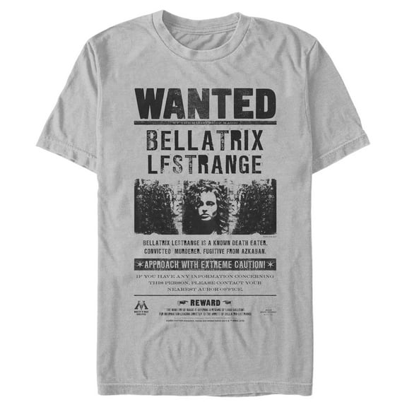 Men's Harry Potter Bellatrix Lestrange Wanted Poster  Graphic Tee Silver 2X Large