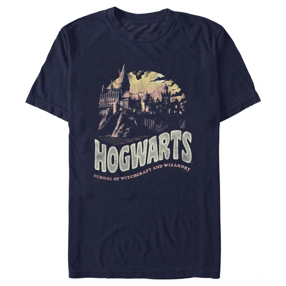 Men's Harry Potter Distressed Hogwarts Circle Graphic Tee Navy Blue Medium