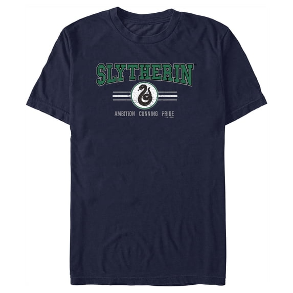 Men's Harry Potter Distressed Slytherin Traits Graphic Tee Navy Blue Large