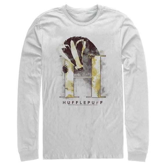 Men's Harry Potter Hufflepuff Badger Watercolor Long Sleeve Shirt White Large