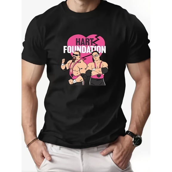 Men's Hart Foundation Wrestling T-Shirt - Logo & Wrestler Design Short Sleeve Tee, Hart Foundation Logo Print, Casual Round Neck Wrestling Fan Apparel, Durable Fit for Wrestling Enthusiasts