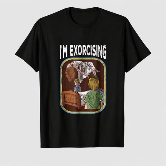 Men's Haunted Room Exorcise Quote Graphic T-Shirt, 100% Cotton Short Sleeve Shirt