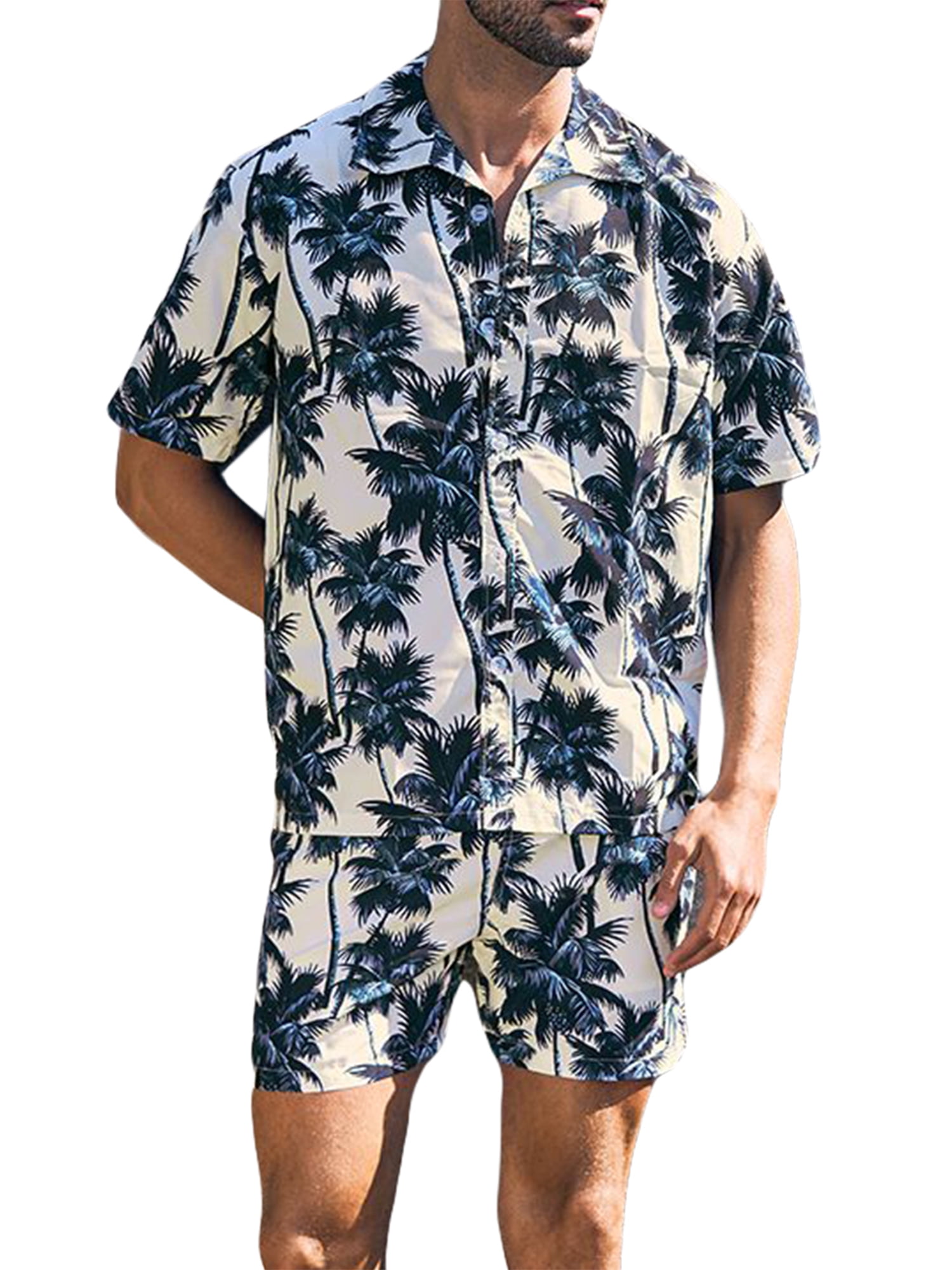 Men's Hawaii Matching Sets Tree Printed Button Down Shirt + Shorts Set ...
