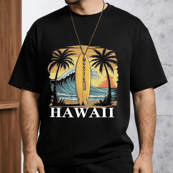 Men's Hawaii Surfing Scene T-Shirt Palm Trees Waves M-5XL