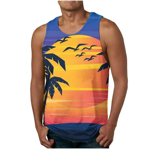 Men's Hawaiian Vacation Tank Tops Sleeveless Crewneck Workout Tees on Clearance Orange 2XL