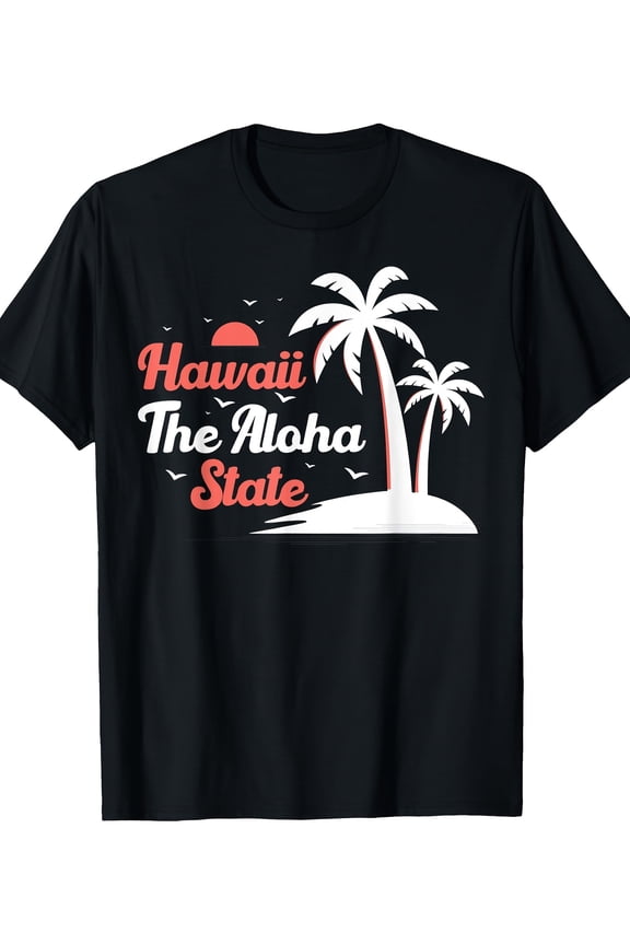 Men's Hawaiian Aloha State T-Shirt - 100% Cotton, Short Sleeve, Casual Fit with Vibrant Palm Tree Graphic, Black, Perfect for Summer and Outdoor Adventures