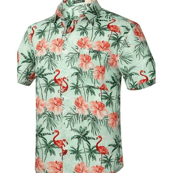 Men's Hawaiian Button Down Shirt Flamingo Palm Print Coral Pink Summer Beach Wear