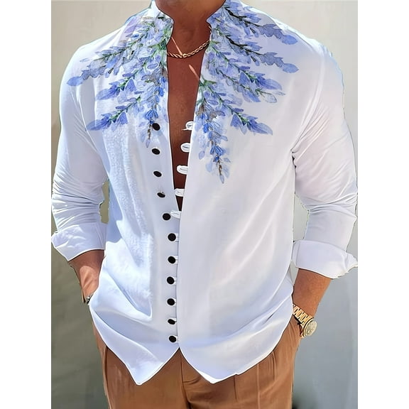 Men's Hawaiian Floral Shirt Oversized Button Down Shirts Long Sleeve Baggy Vacation Beach Tops White 3XL