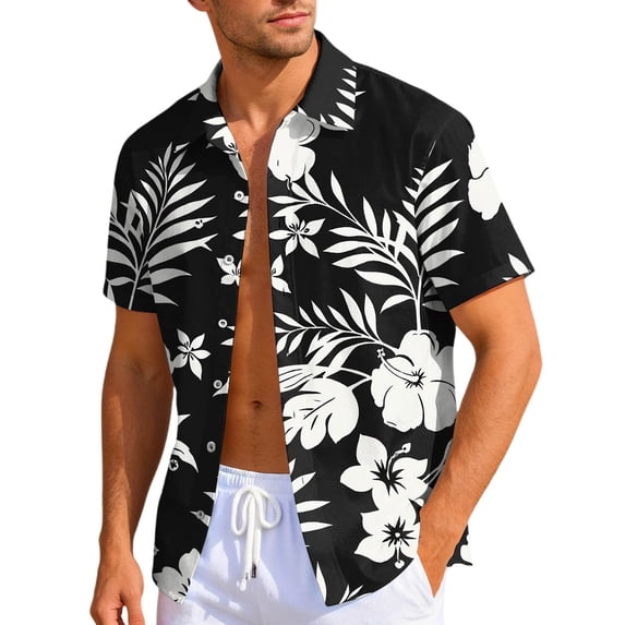 Men's Hawaiian Floral Shirts Casual Tropical Beach Funky Shirt ort Sleeve Button Down Shirts Tropical Floral Shirts Black M
