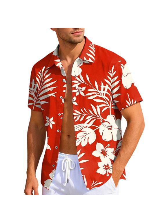 Men's Hawaiian Floral Shirts Casual Tropical Beach Funky Shirt ort Sleeve Button Down Shirts Tropical Floral Shirts Red XL