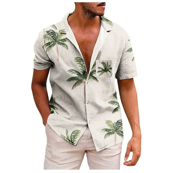 Men's Hawaiian Floral Shirts Cotton Linen Button Down Tropical Holiday Beach Shirts