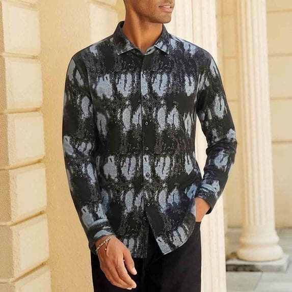 Men's Hawaiian Long Sleeve Button Down Shirt Casual Untucked Shirts Summer Beach Wedding Textured Shirts Black XS