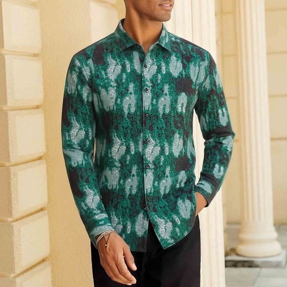 Men's Hawaiian Long Sleeve Button Down Shirt Casual Untucked Shirts Summer Beach Wedding Textured Shirts Green M