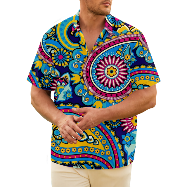 Mens Hawaiian Paisley Shirt Button Down Short Sleeve Tropical Casual