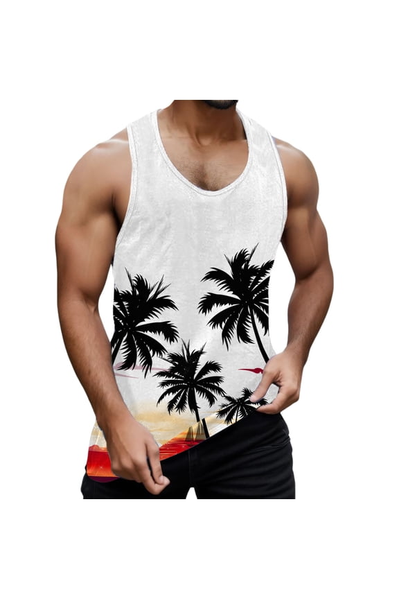 Men's Hawaiian Palm Tree Print Tank Top, Summer Beach Sleeveless Vest, Casual Coconut Pattern Singlet for Vacation Style