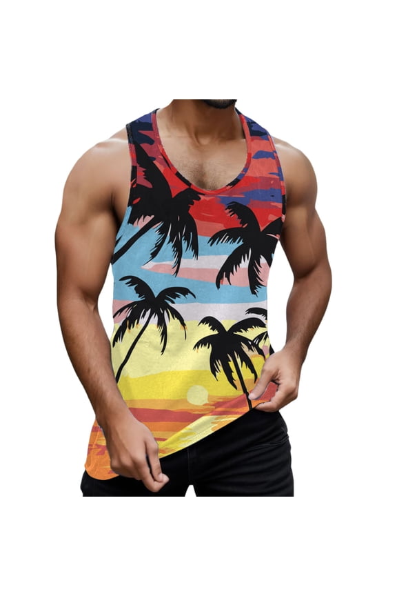 Men's Hawaiian Palm Tree Print Tank Top, Summer Beach Sleeveless Vest, Casual Coconut Pattern Singlet for Vacation Style