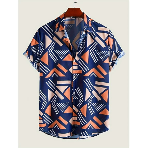 Men's Hawaiian Shirt Color Block Graphic Print Short Sleeve Collared Shirts Casual Work Shirts Blue A L