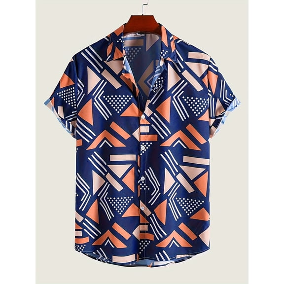 Men's Hawaiian Shirt Color Block Graphic Print Short Sleeve Collared Shirts Casual Work Shirts Blue A XL