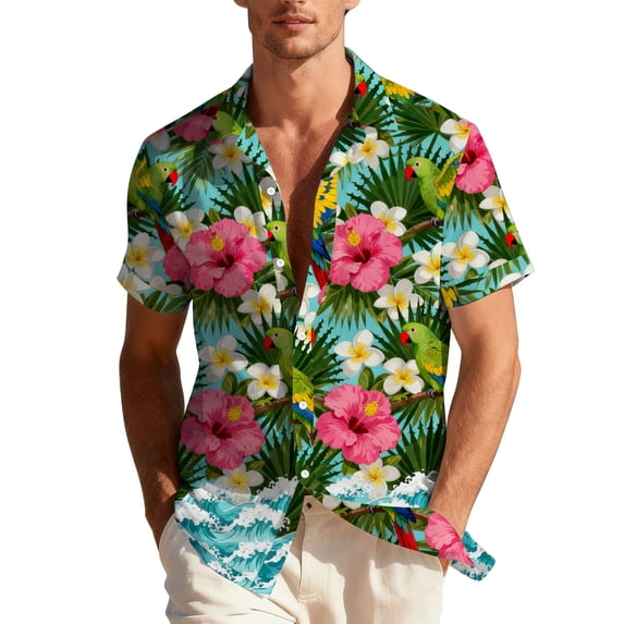 Men's Hawaiian Shirt Palm Tree Printed Short Sleeve Button Down Shirt Casual Beach Vacation Top,XL,Light Blue