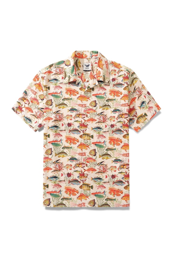 100% Silk Men's Hawaiian Shirt Sea Ocean Fish Print Camp collar Short Sleeve Aloha Shirt - Silk Sea Ocean Fish (silk)