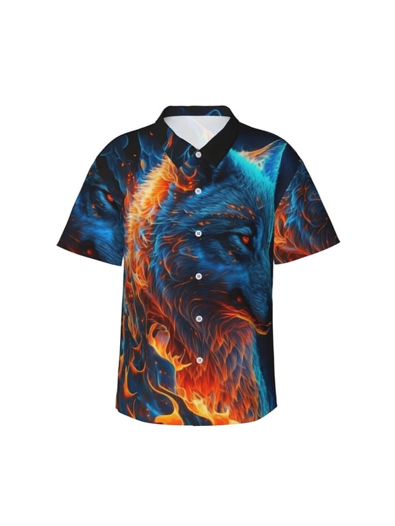 Men's Hawaiian Shirt Short Sleeve Breathable Button Down Beach Tops, Blue Fire Flaming Wolf Cool