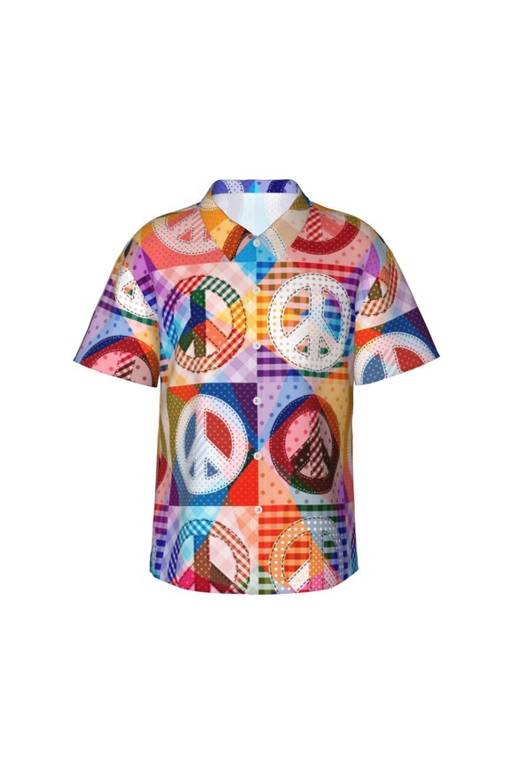 Men's Hawaiian Shirt Short Sleeve Breathable Button Down Beach Tops, Hippy Peace Sign Hippie Patchwork